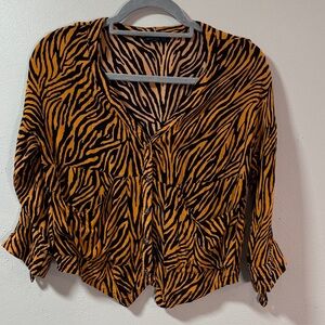 CALS Y2K 90s orange & black Zebra Print ButtonUp Blouse short sleeve v neck 6139
